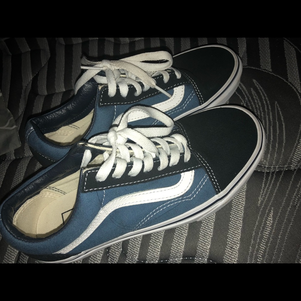 Vans , blue, black, and white